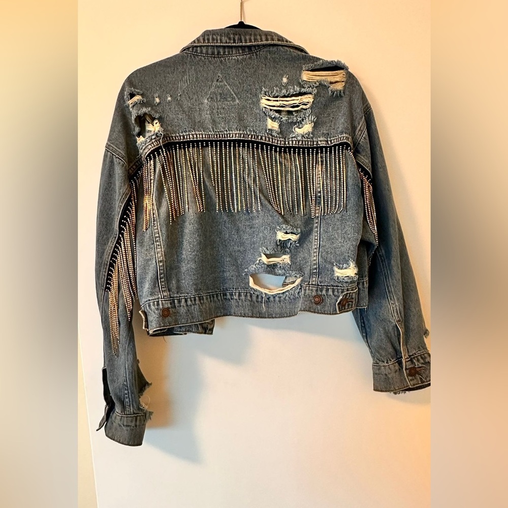 Boho bling denim jacket size medium .Rhinestone detail has some wear
